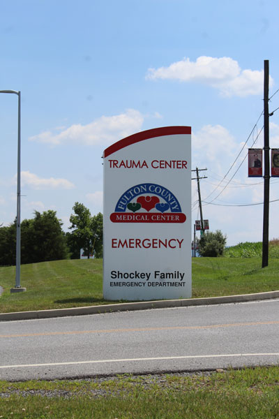 Picture of Fulton County Medical Center Trauma Center sign in front of the Hospital. It says:

TRAUMA CENTER (EMERGENCY)
Shockey Family